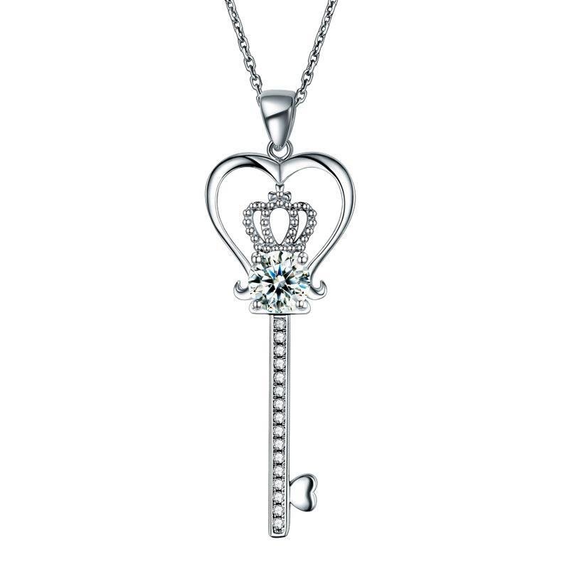 Love Heart Crown Key 925 Sterling Silver Pendant Necklace